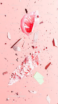 Shattered Lipstick and Makeup Debris on Pink Background