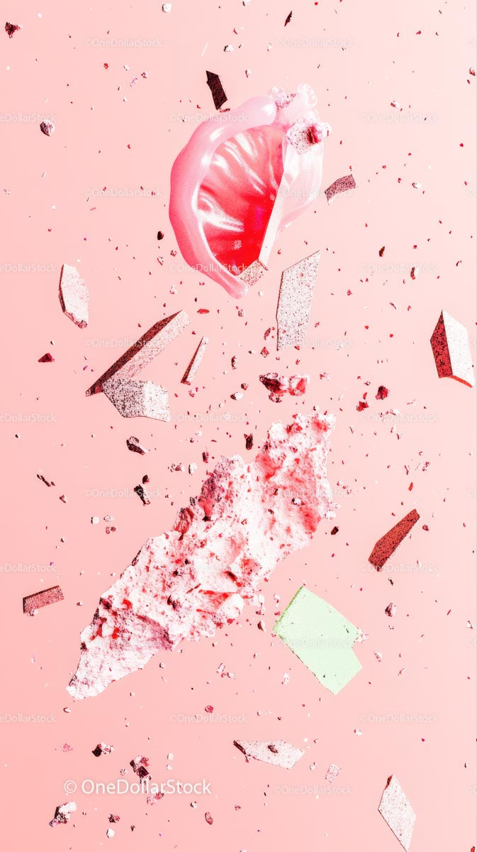 Shattered Lipstick and Makeup Debris on Pink Background
