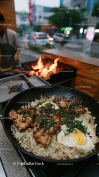Stir-Fried Noodles with Vegetables in a Professional Street Food Setting