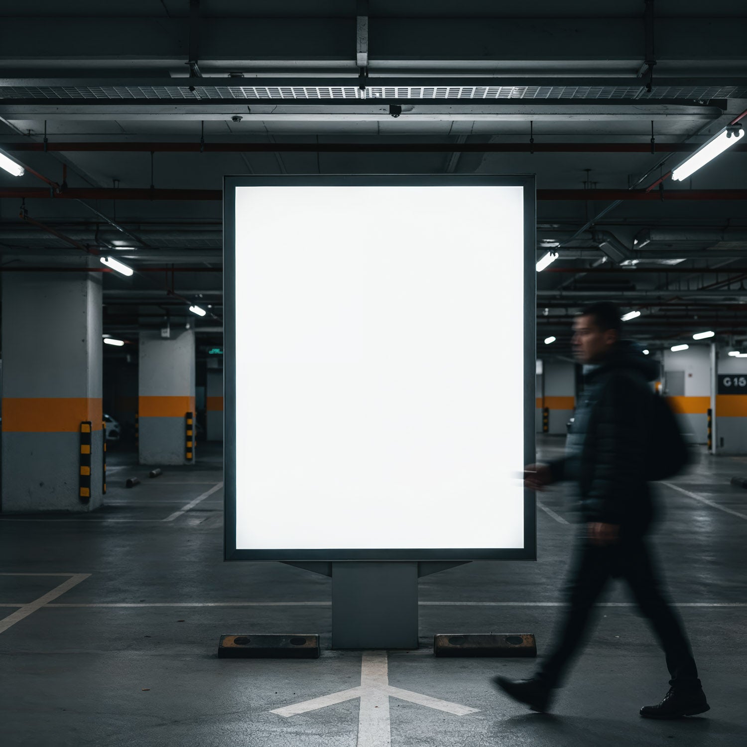 Mężczyzna przechodzi obok oświetlonego, pustego billboardu w garażu parkingowym