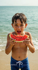 Happy Boy Enjoying Juicy Watermelon at Beach in Summer