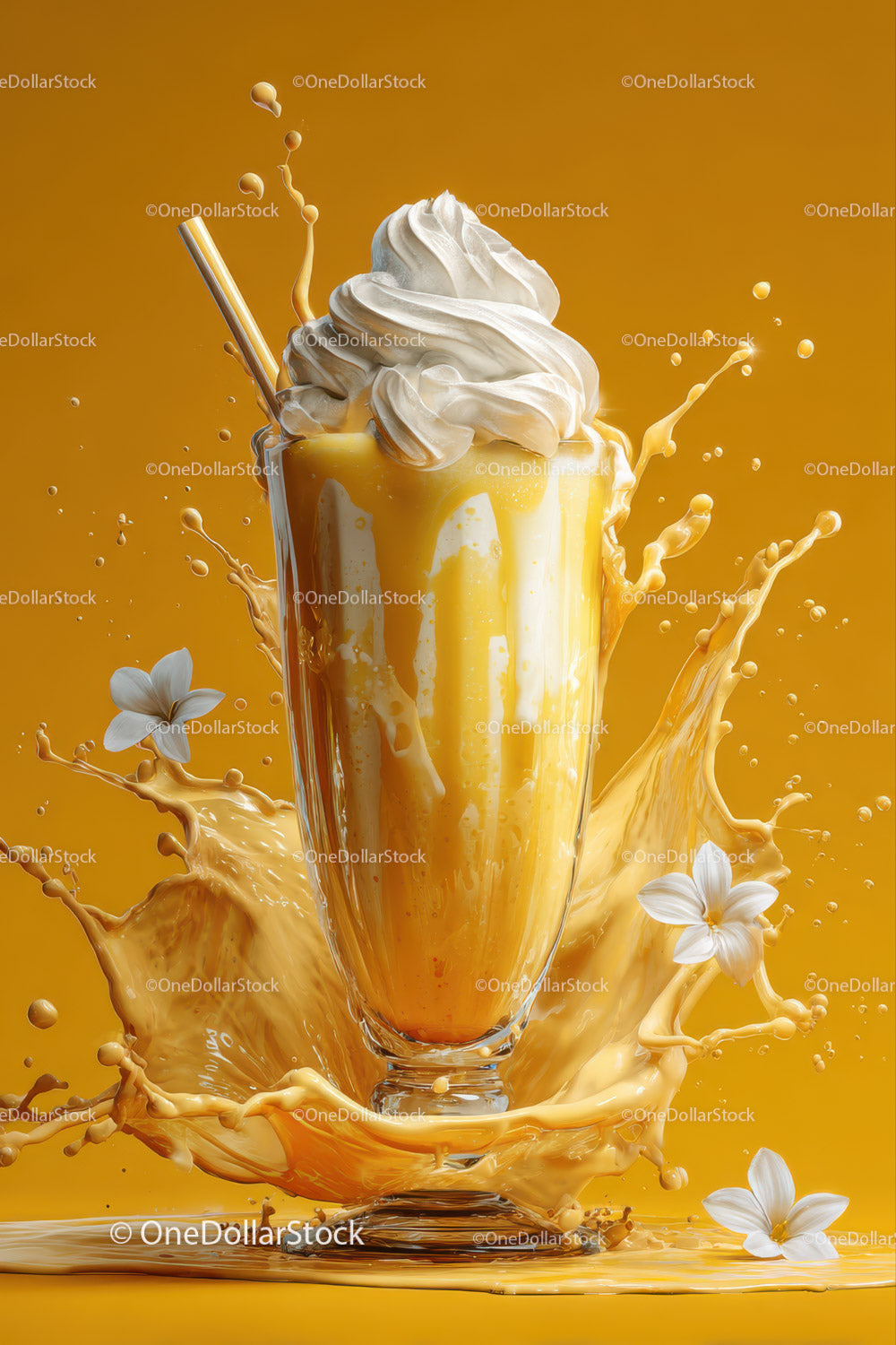 Vanilla Milkshake with Splash and White Flowers on Yellow Background