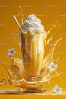 Vanilla Milkshake with Splash and White Flowers on Yellow Background