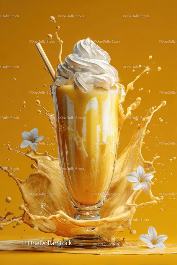Vanilla Milkshake with Splash and White Flowers on Yellow Background