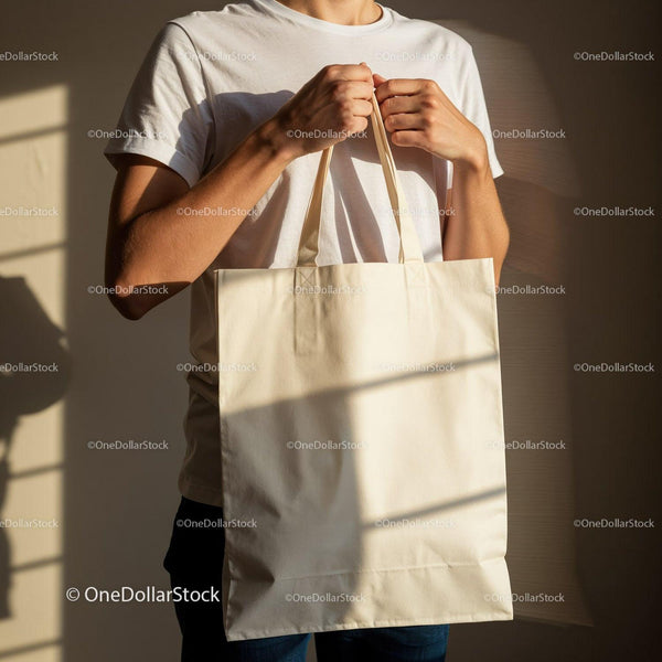 Man holding blank reusable cotton tote bag in sunlight JPG Mockup Image