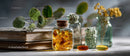 Herbal and Vitamin Supplements with Green Foliage and Books