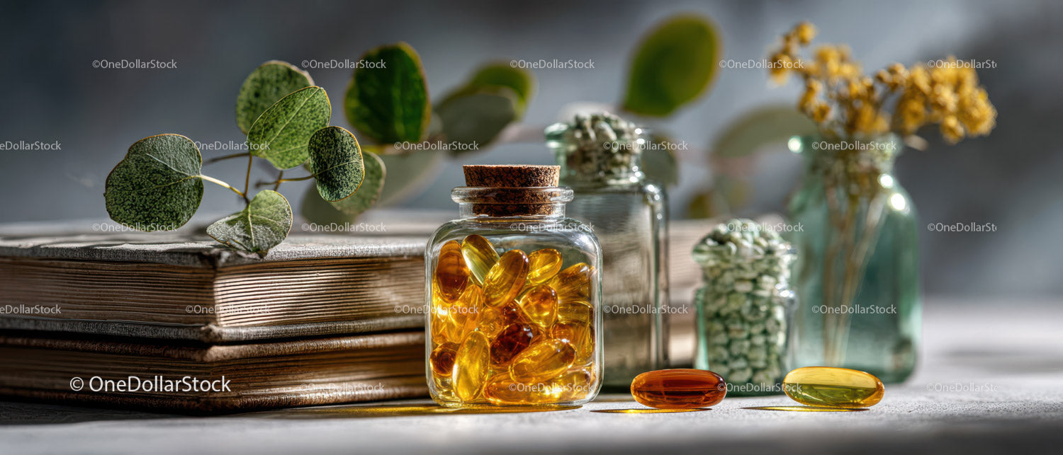 Herbal and Vitamin Supplements with Green Foliage and Books