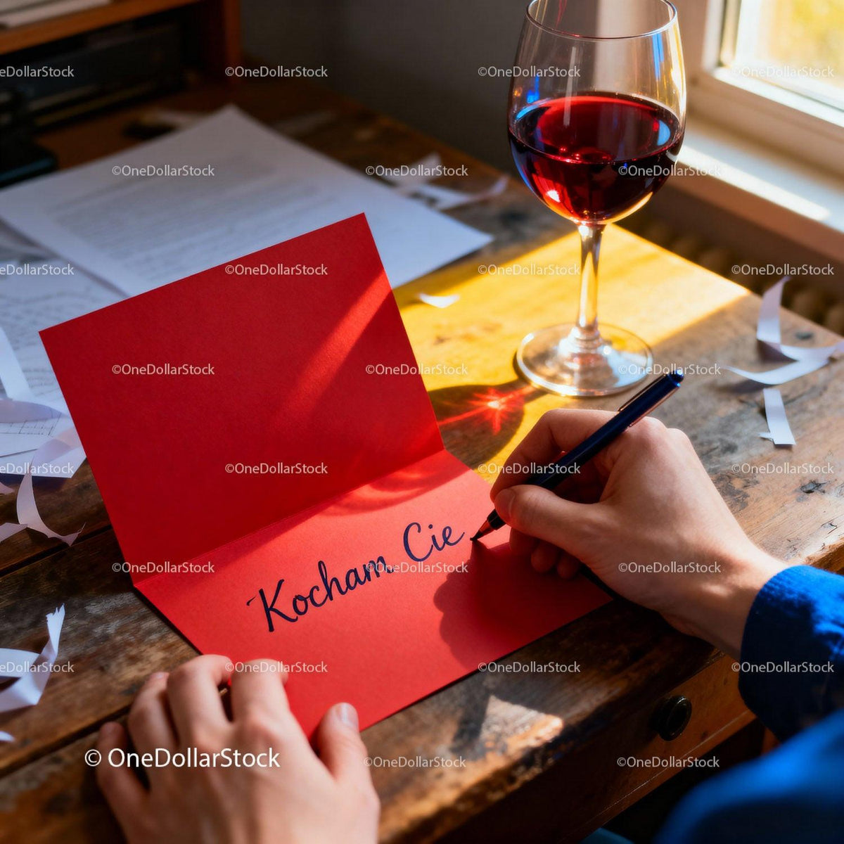 Writing a heartfelt love note with red wine by window