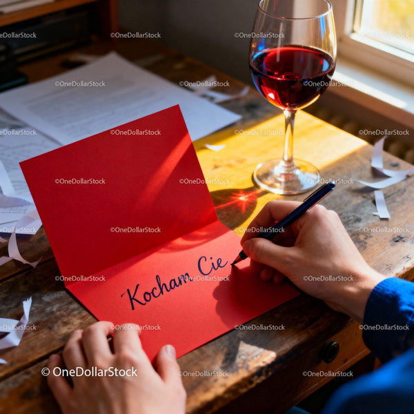 Writing a heartfelt love note with red wine by window