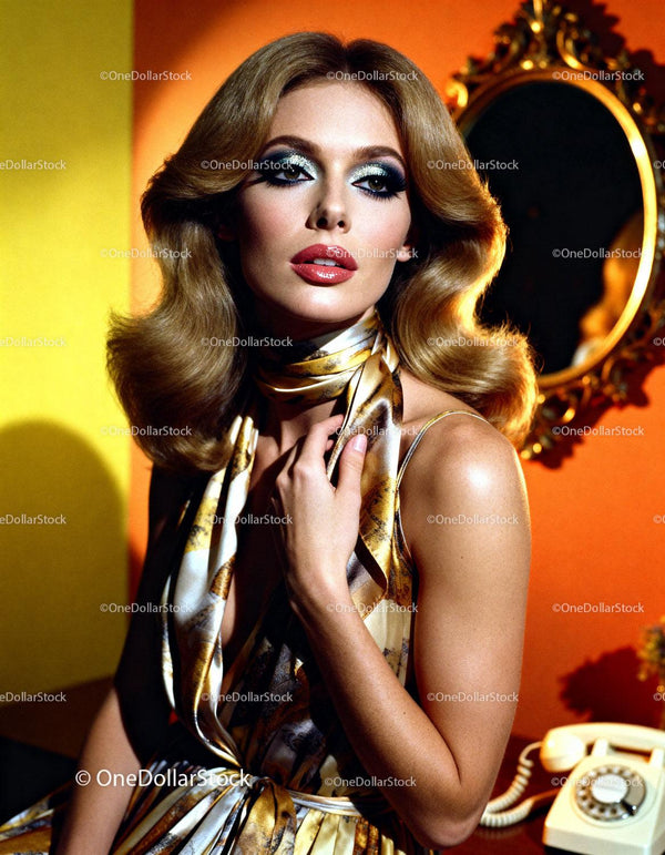 Glamorous woman with vintage makeup and silk scarf