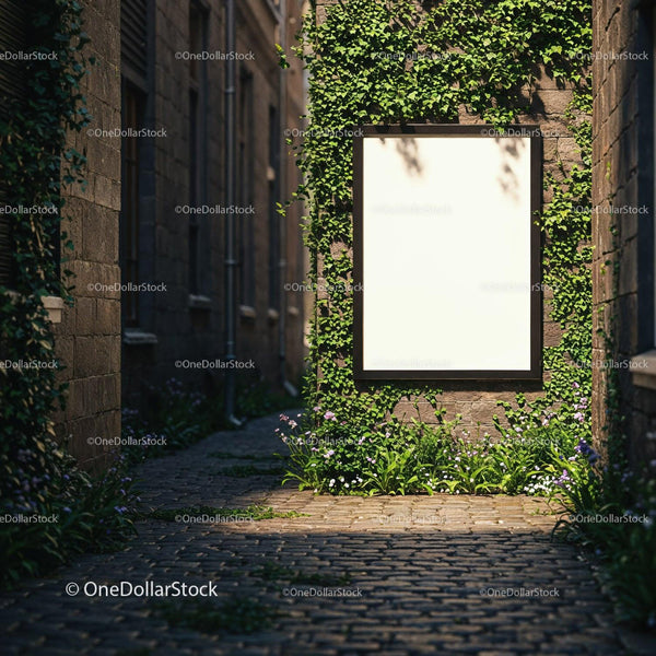 Blank vertical poster on ivy covered brick wall in alley JPG Mockup Image