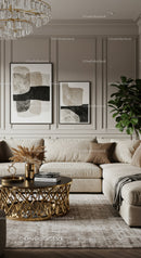 Elegant beige living room with gold coffee table and art