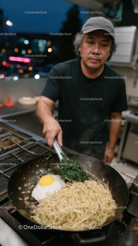 Chef Cooking Noodles with Egg and Greens in Modern Kitchen