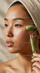 Young Woman Receiving Facial Massage with Jade Roller for Skin Rejuvenation