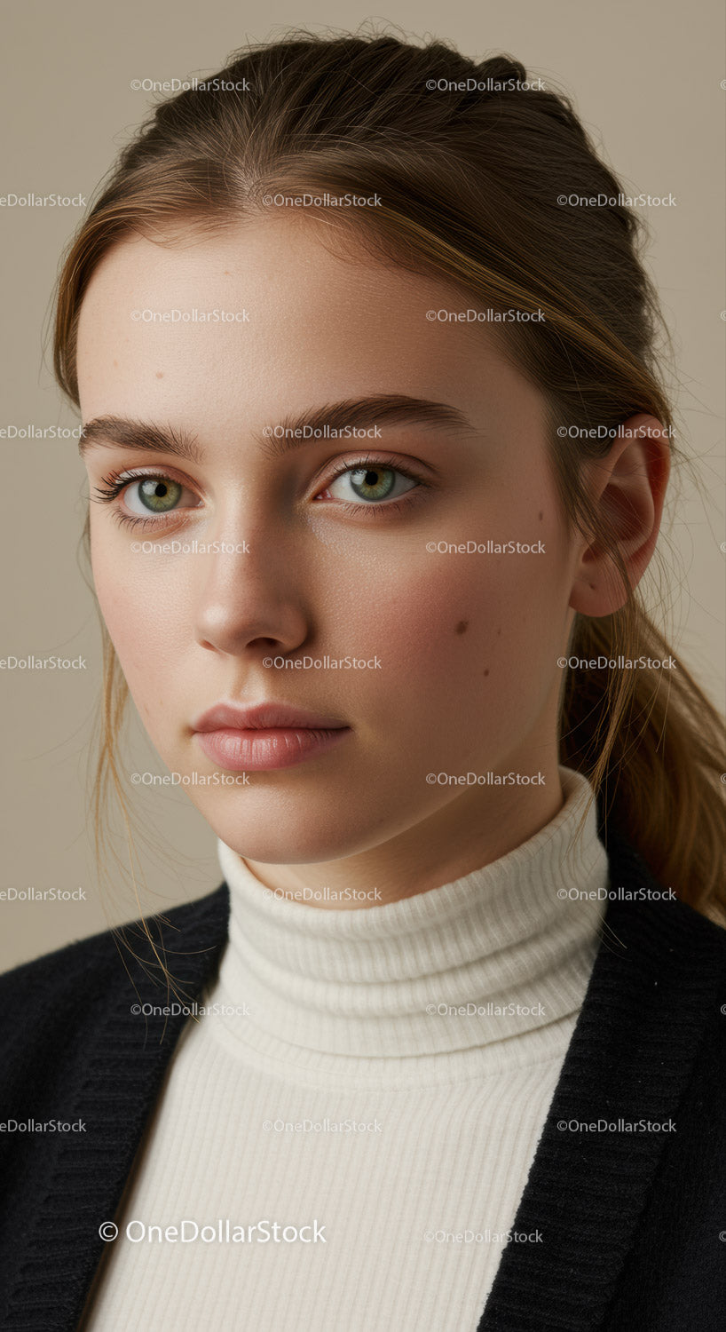 Portret młodej kobiety z zielonymi oczami i brązowymi włosami