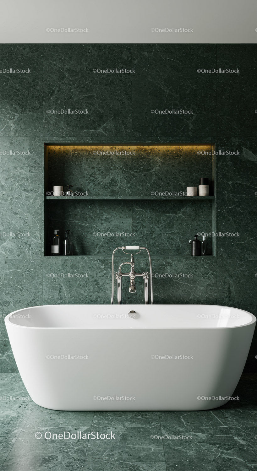Luxurious Green Marble Bathroom with Freestanding Tub and Shelves