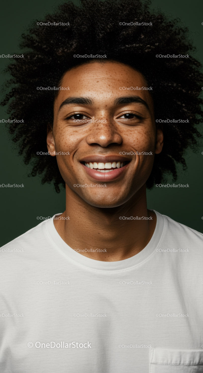 Portret szczęśliwego młodego mężczyzny z włosami afro i promiennym uśmiechem
