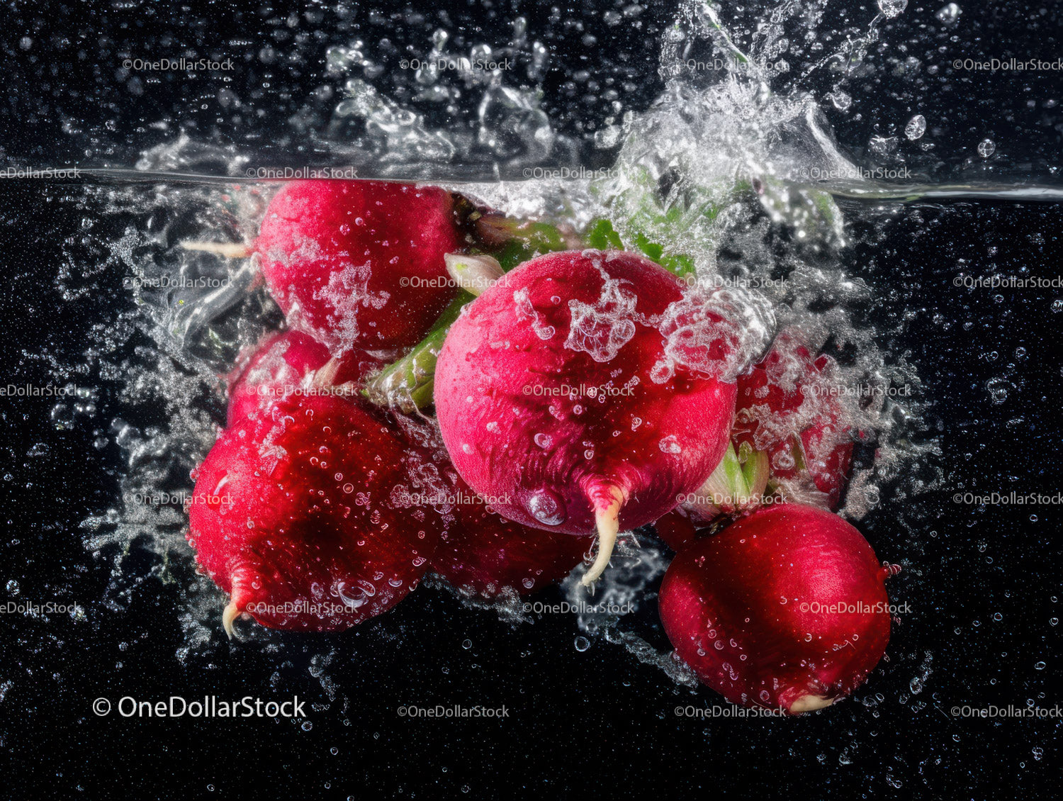 Fresh Red Radishes Splashing in Water for Healthy Food Concept