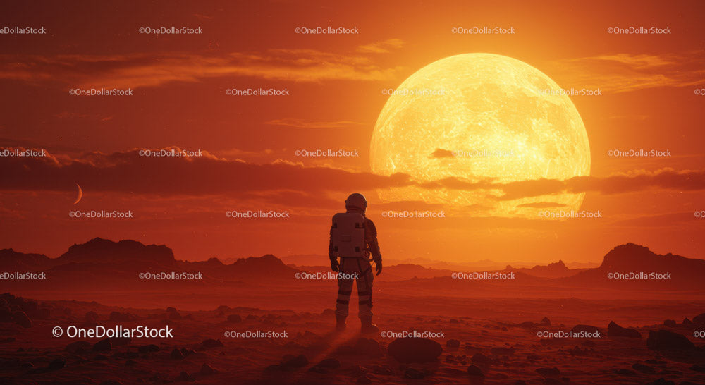 Astronauta stojący na powierzchni Marsa na tle ogromnego Księżyca w pełni