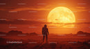 Astronaut Standing on Martian Surface with Giant Full Moon in Background