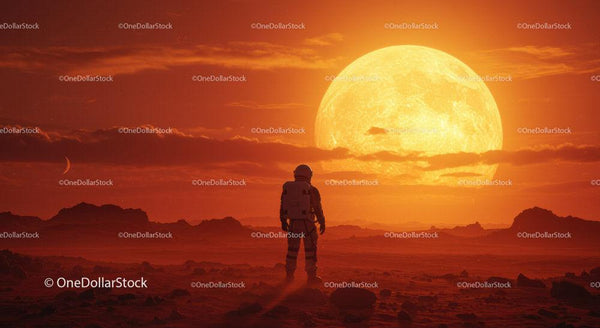 Astronaut Standing on Martian Surface with Giant Full Moon in Background