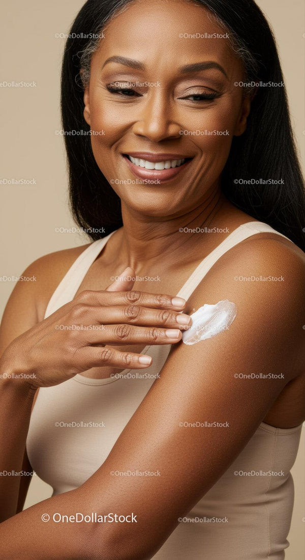 Elegant Woman Smiling While Applying Sunscreen Lotion for Skin Protection