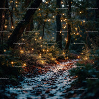 Enchanted forest path with glowing fairy lights