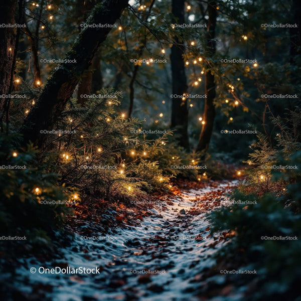 Enchanted forest path with glowing fairy lights