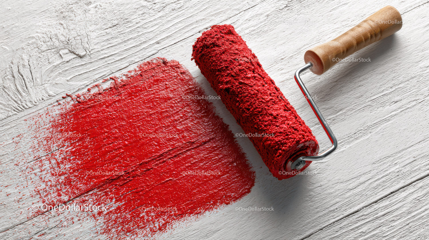Red Paint Roller Smearing Bright Wall in Modern Interior Setting