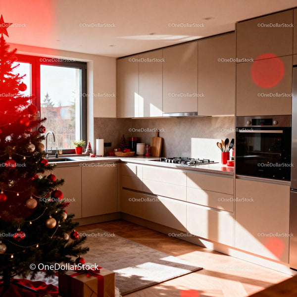 Modern kitchen with festive Christmas tree and sunlight