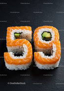 Salmon sushi rolls shaped as number fifty nine