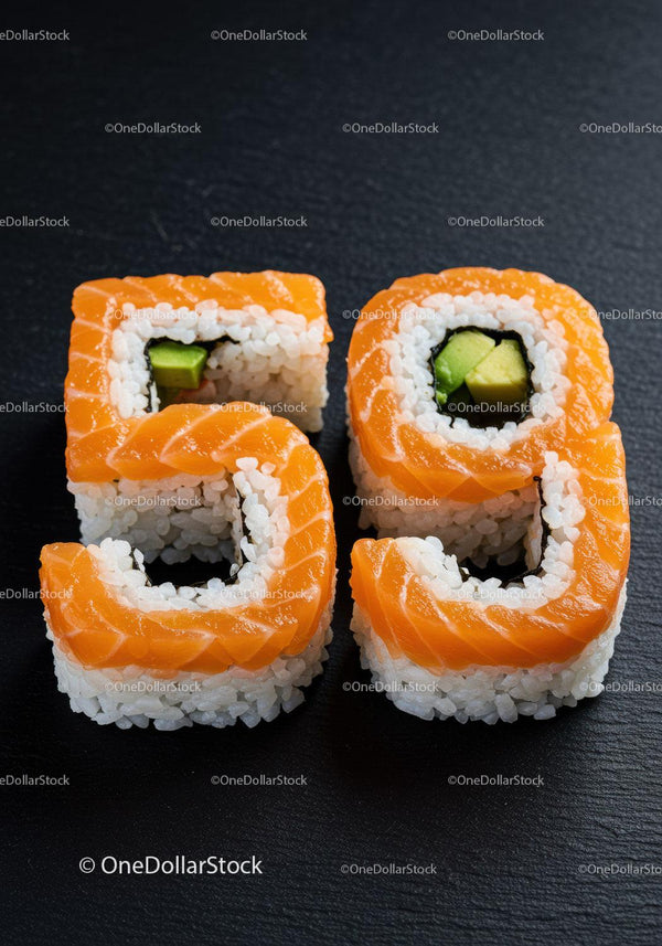 Salmon sushi rolls shaped as number fifty nine