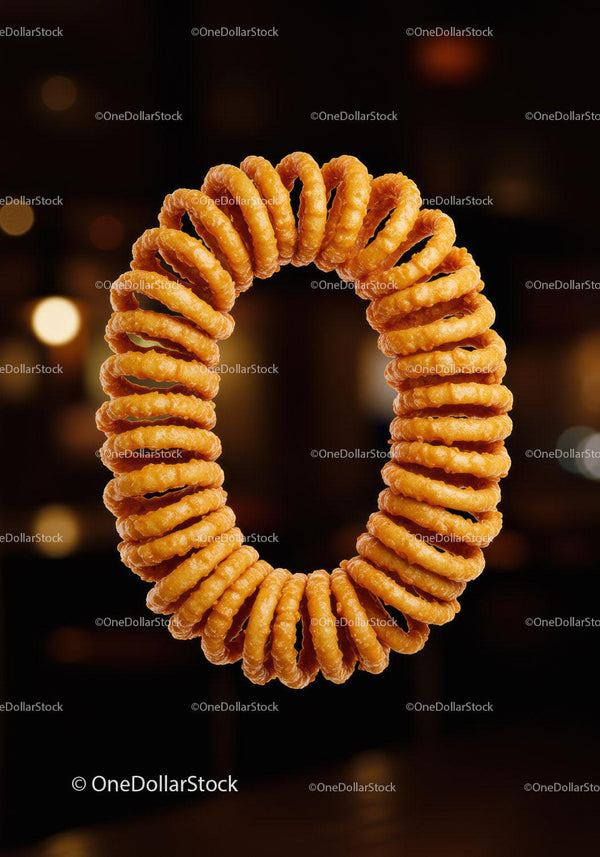Close up of crispy golden onion rings wreath
