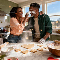 Couple Playfully Baking Heart Cookies Together