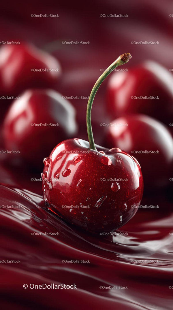 Close-up of Juicy Red Cherry with Water Droplets for Food Photography
