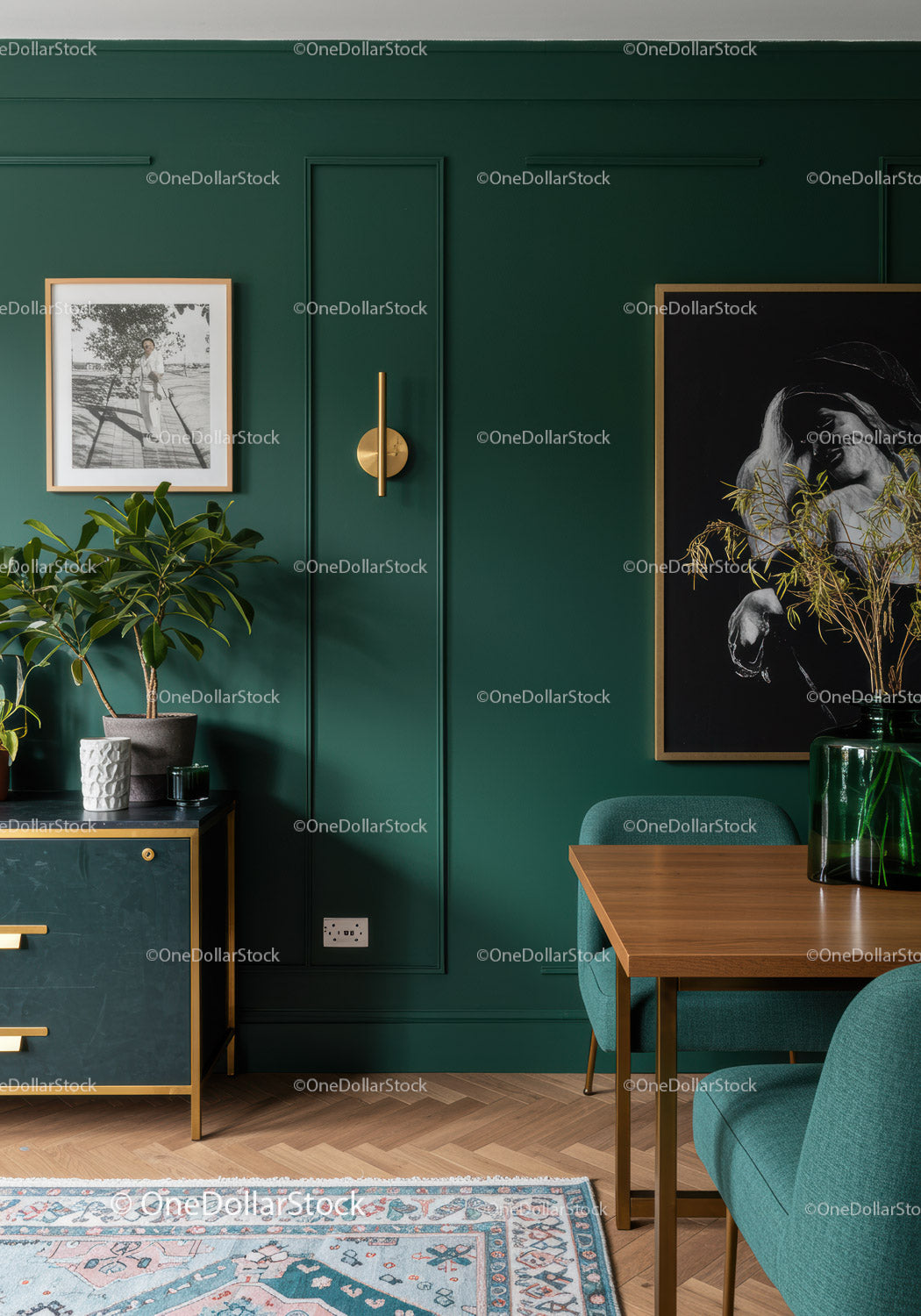 Stylish Modern Green Wall Interior with Art and Plants