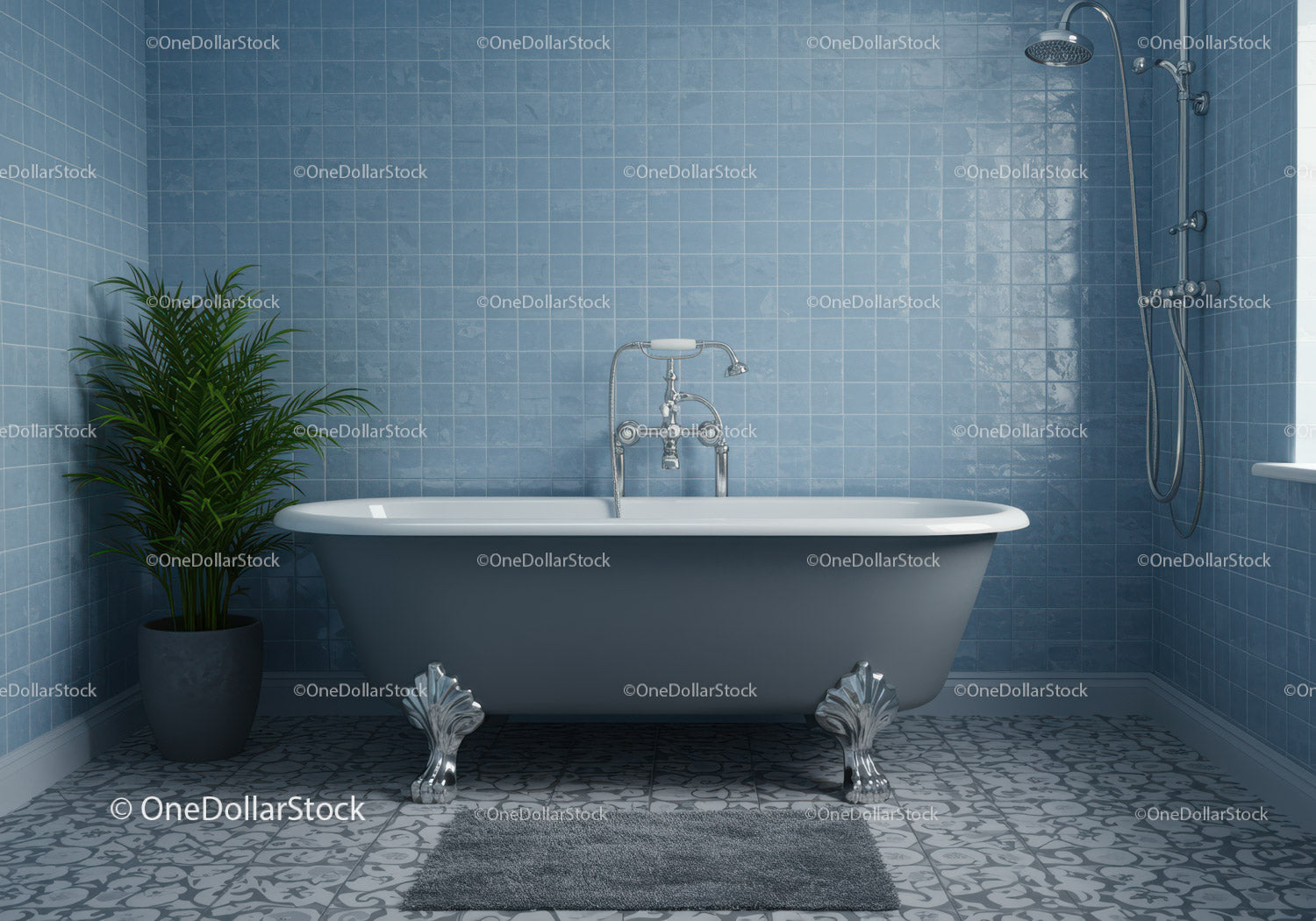 Elegant Freestanding Bathtub with Blue Tile Surroundings