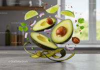 Fresh avocados with lime and herbs in kitchen air