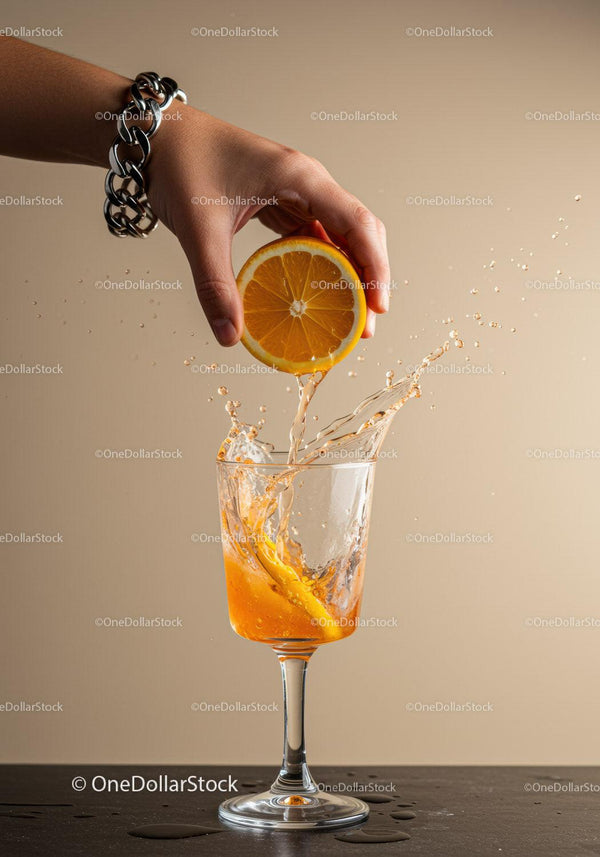 Hand Squeezing Fresh Orange Juice Into Glass