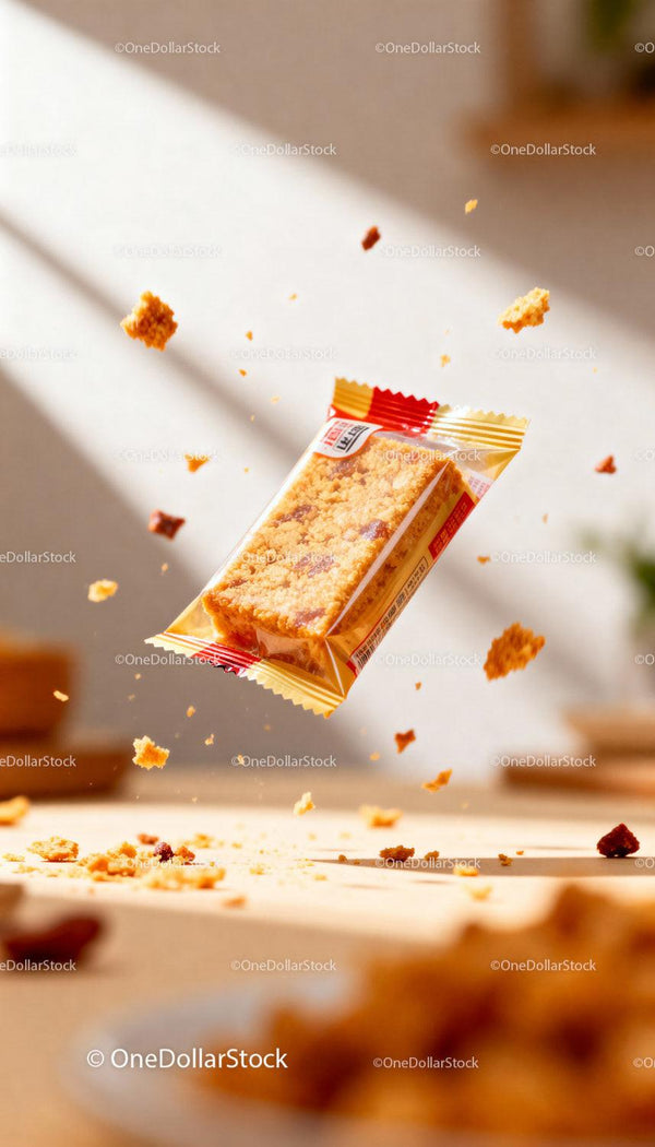 Crispy crumb snack bar floating with scattered crumbs