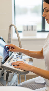 Female Doctor Operating Modern Medical Ultrasound Equipment in Clinic