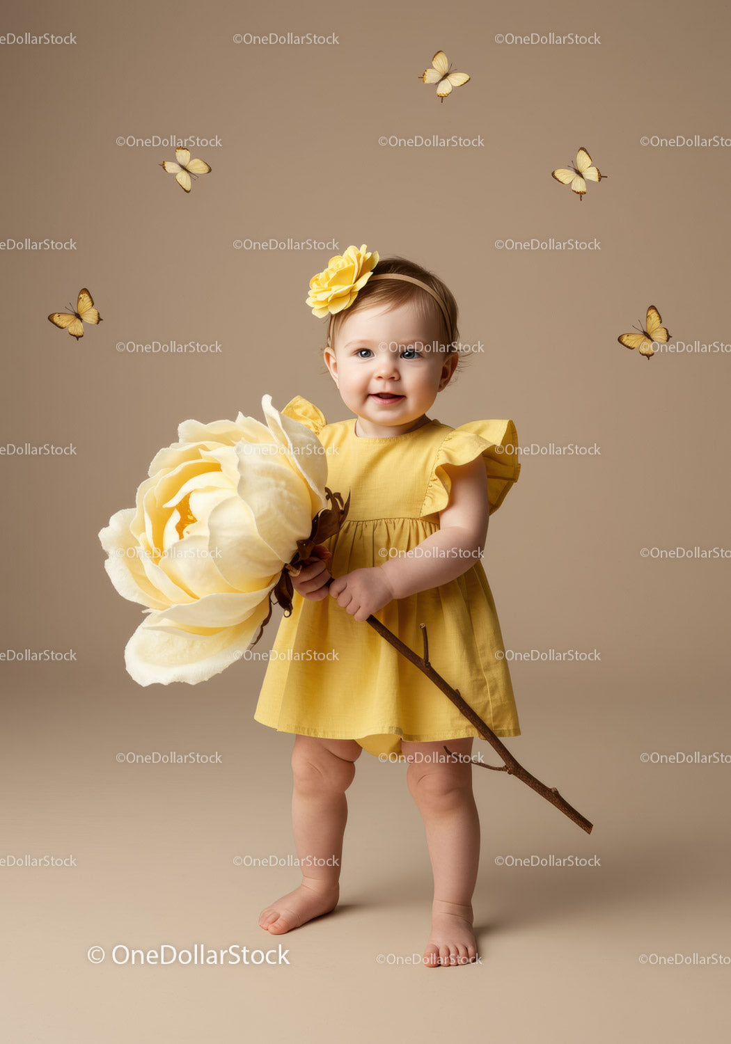 Toddler in Yellow Dress Holding Giant Flower with Butterflies