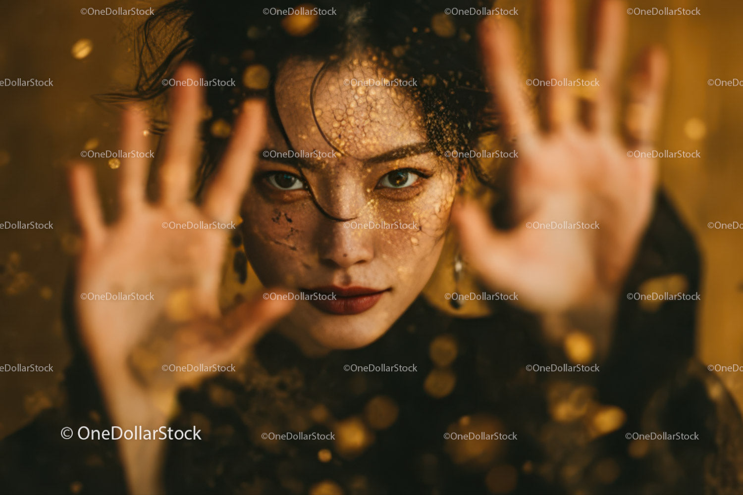 Close-Up Portrait of Woman with Gold Glitter Makeup and Expressive Eyes