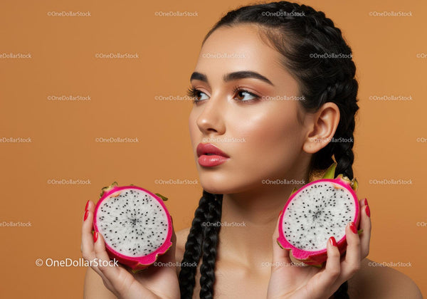 Portret kobiety trzymającej świeży różowy owoc smoka do pielęgnacji skóry i urody