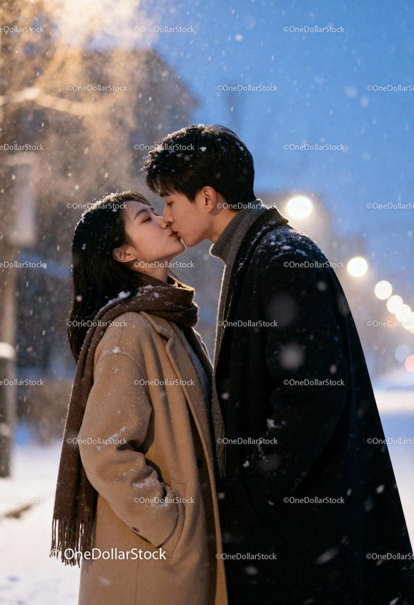 Couple Sharing a Tender Kiss on a Snowy Evening