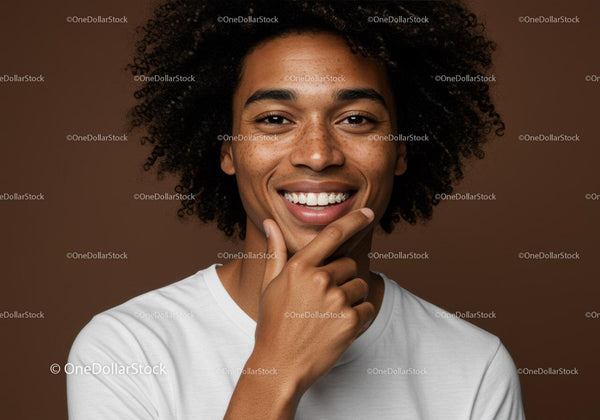 Portret Uśmiechniętej Kobiety z Kręconymi Włosami na Brązowym Tle