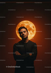Thoughtful young man standing with glowing full moon behind