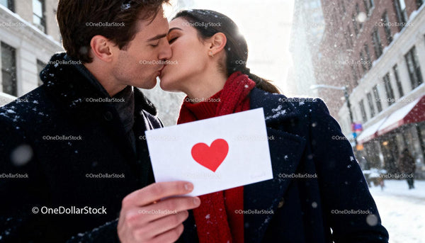 Couple sharing a kiss on snowy city street with love card