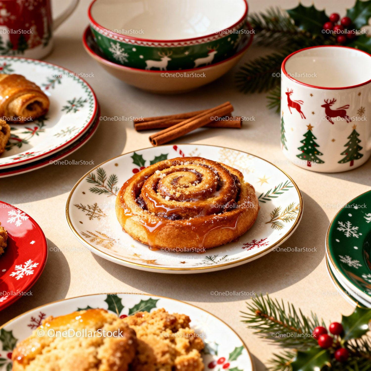 Festive Cinnamon Roll and Holiday Treats on Christmas Tableware