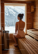 Woman Relaxing in Wooden Sauna with Snowy Mountain View
